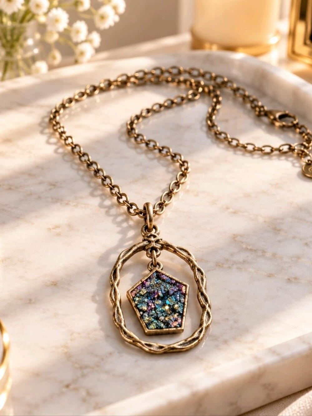 Charming Charlie Rainbow Druzy Gold Tone Pendant Necklace
